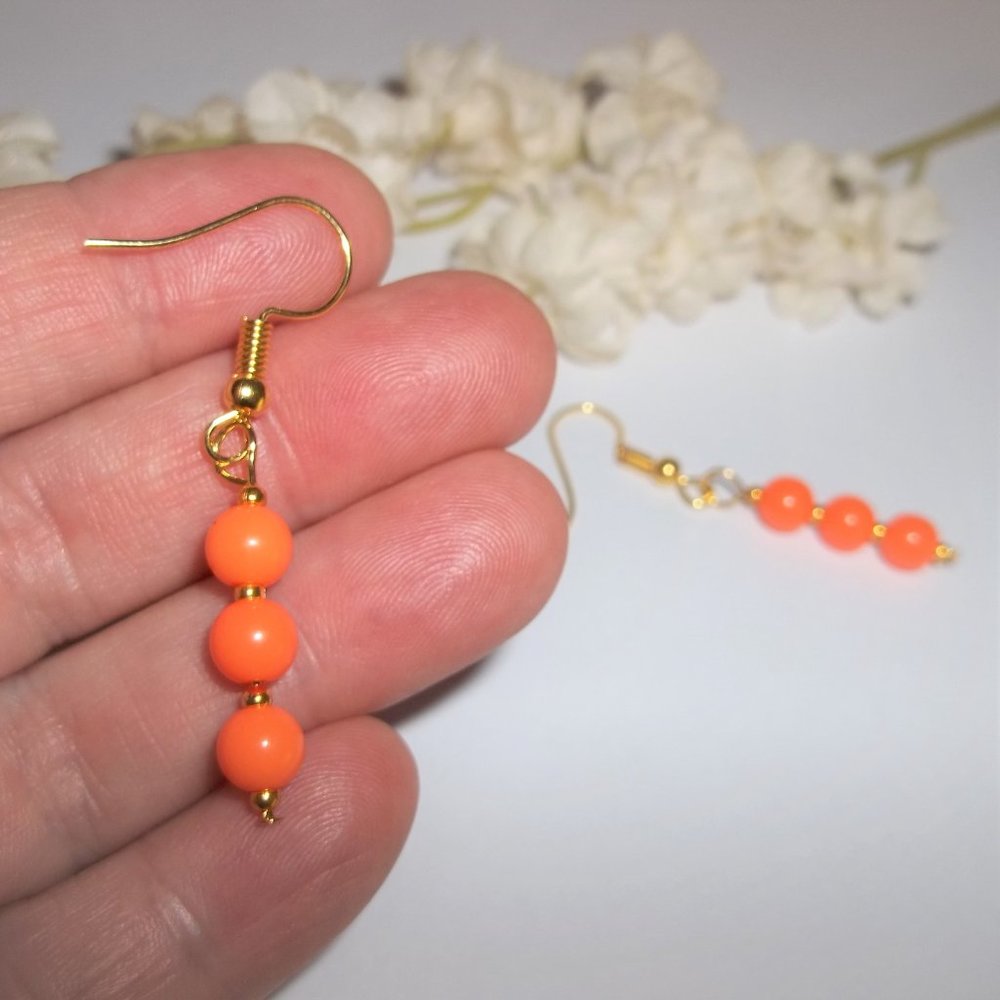Neon Orange and Gold Earrings Fashion Jewelry Dangle Beaded Handmade Sleek 6772 - Picture 6 of 8